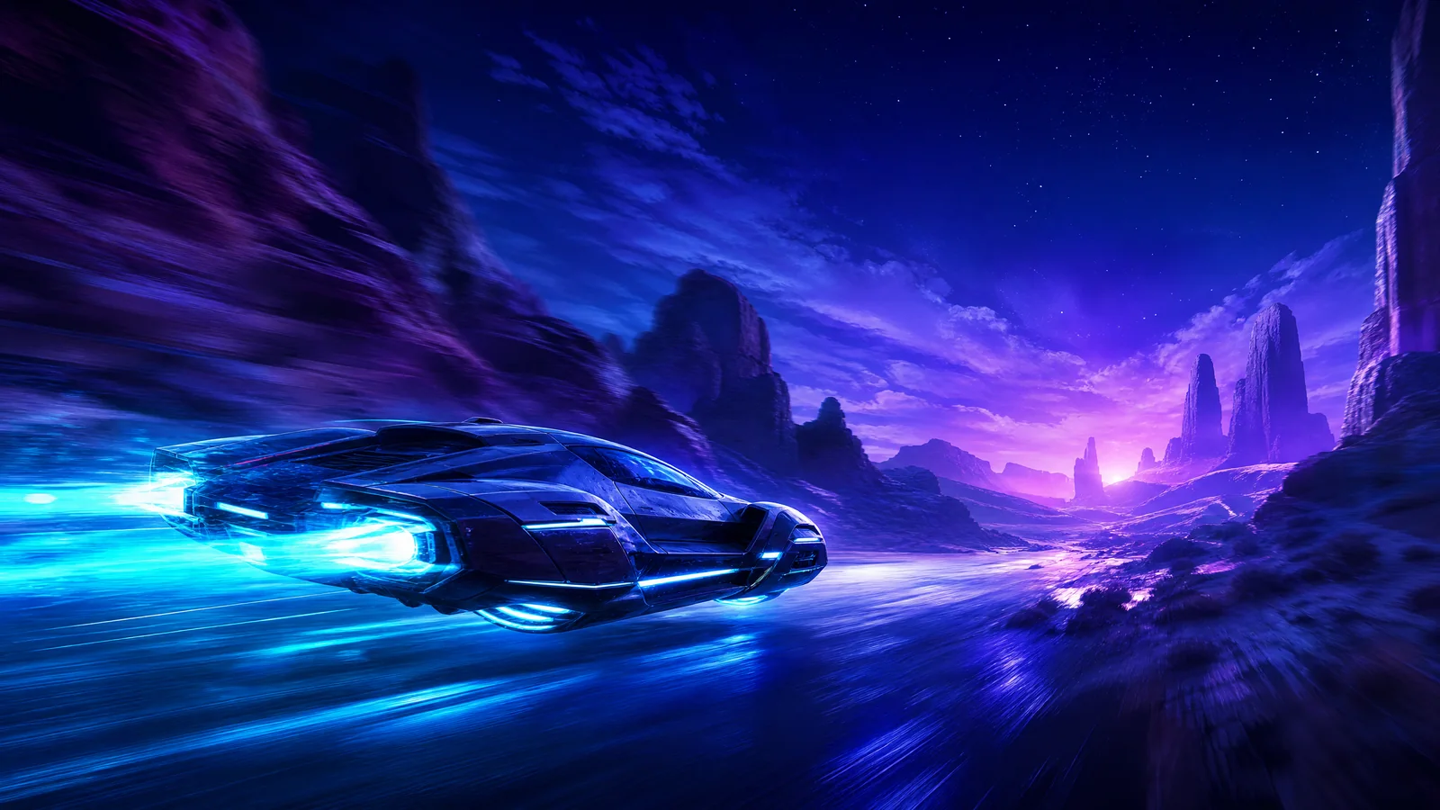 A futuristic racing vehicle in a neon canyon